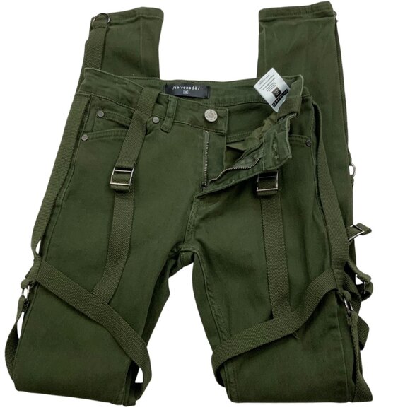 Serenede Holy Pothos Jeans 28 Green Olive Green Skinny Straps Mid Rise Punk - Picture 3 of 12